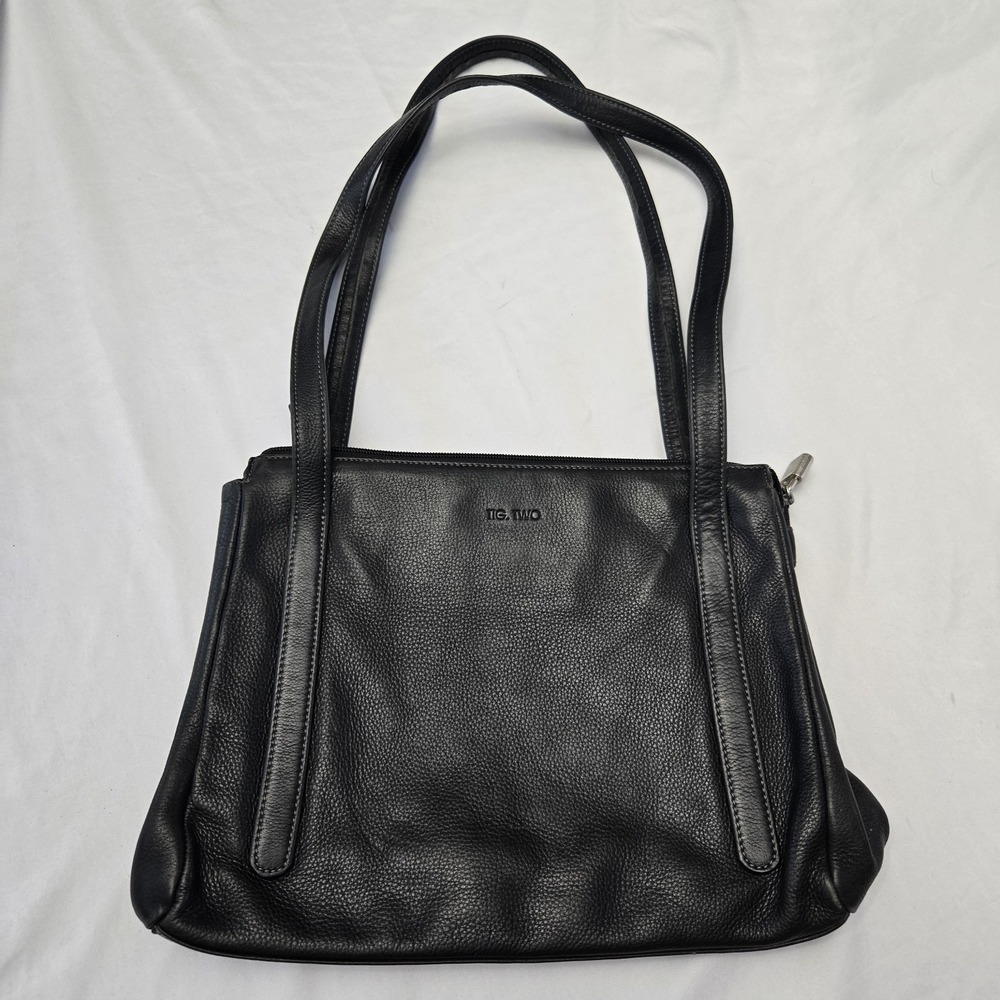 Tignanello Tig. Two Black Pebble Leather Double Strap Shoulder Purse Capsule